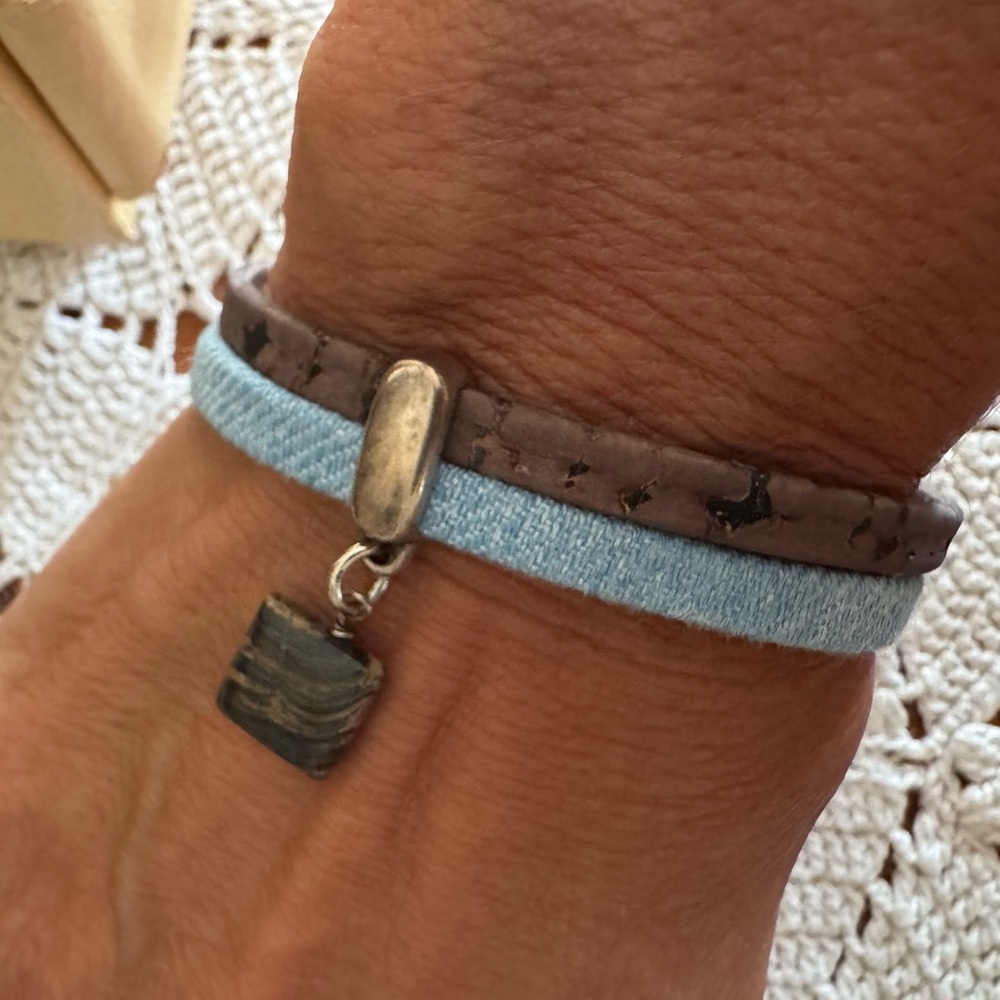 Brown Leather and Denim Bracelet with Tiger Eye Accent
